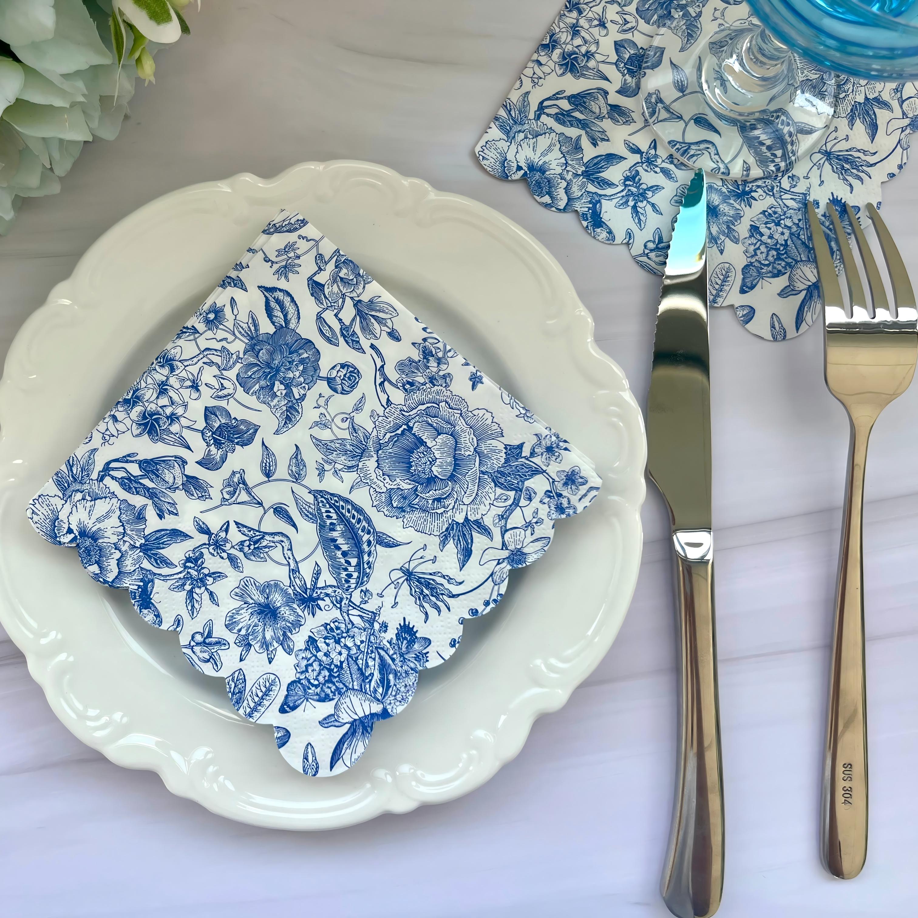 Blå blommiga pappersservetter Vintage blomma lunchservetter